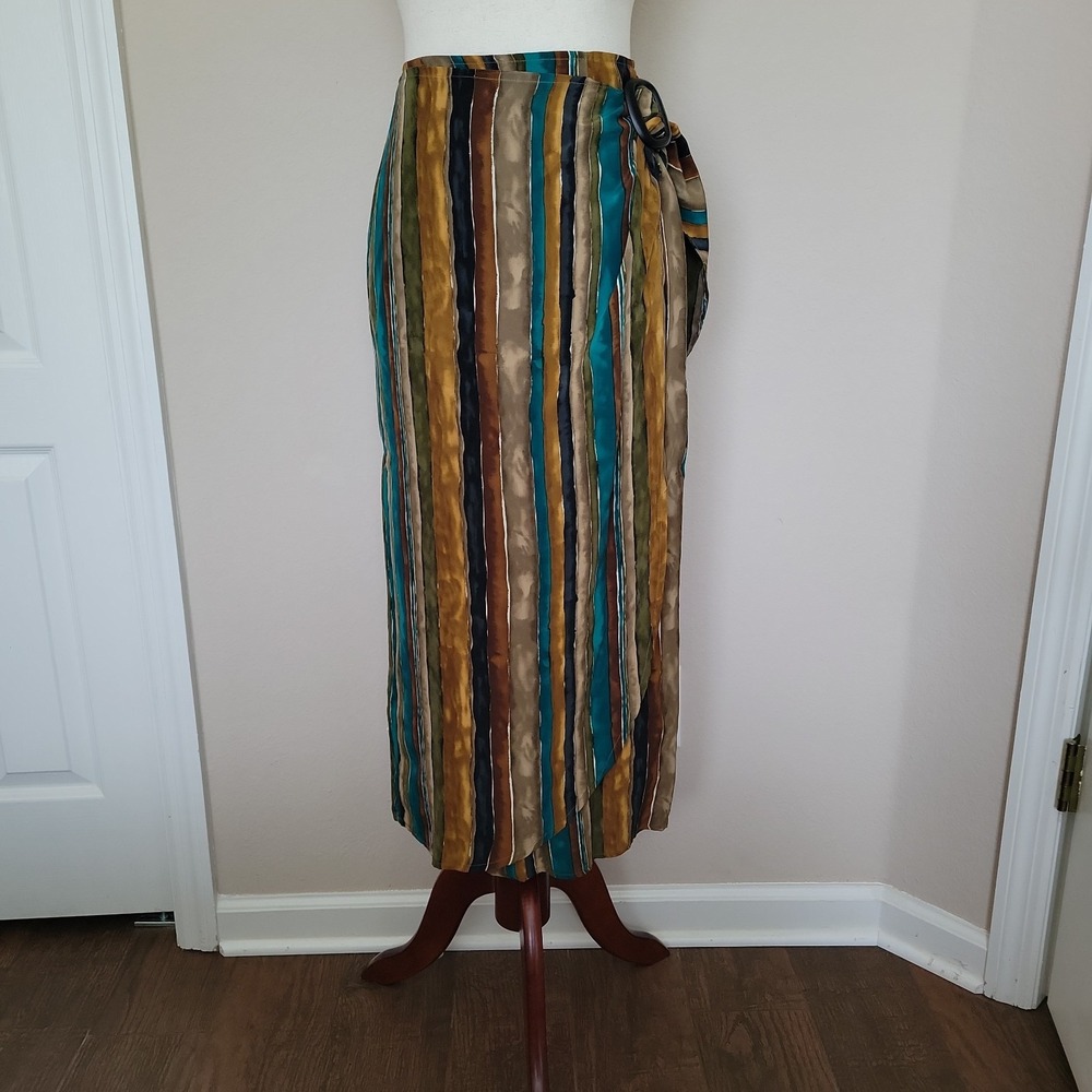 90s Vintage Express 100% Silk Midi Wrap Skirt Sz 3 Stripes Hawaiian Brown Artsy